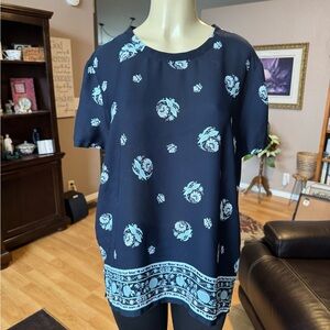 LOFT shades of blue & pink short sleeve blouse-size XL